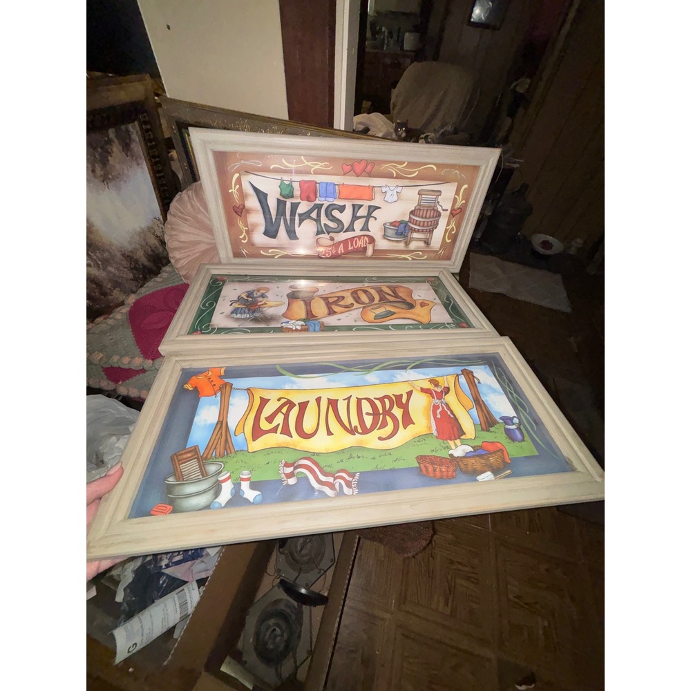 Vintage Style Laundry Room Wall Art Set 3 Framed Prints & 3D Wash Tub Clock